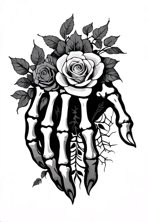 hand tattoo with half the hand a skeleton and the other half is full of roses spiders and vines tattoo design idea