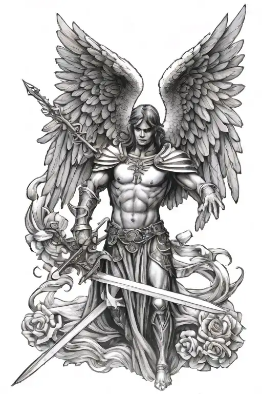 archangel with wings down holding sword behind a cross tattoo design idea