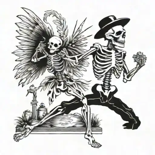 a weaver dancing with a alive skeleton near a grave tattoo design idea