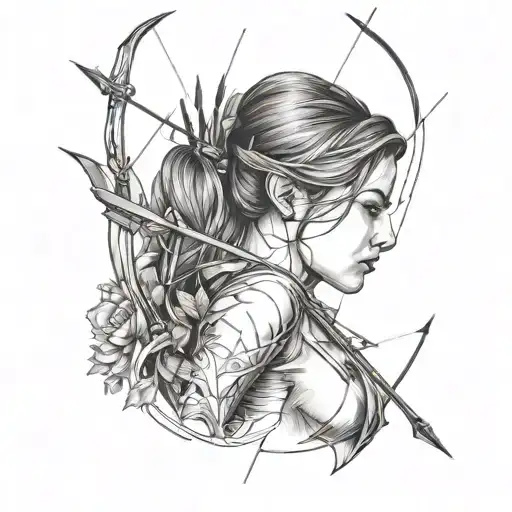 fine line tattoo featuring the outline of woman with bow and arrow tattoo design idea