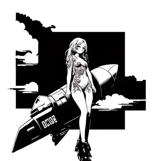 naked, anime girl on a rocket tattoo design idea