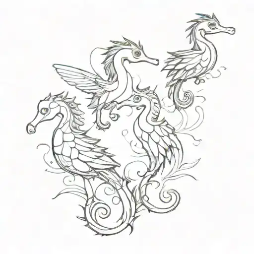 outline of 3 birds and a seahorse tattoo design idea