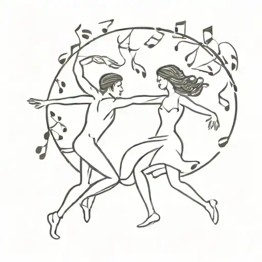 A sketch of a couple dancing under a tree with musical notes floating around them, representing the client's love for music and their spouse tattoo design idea
