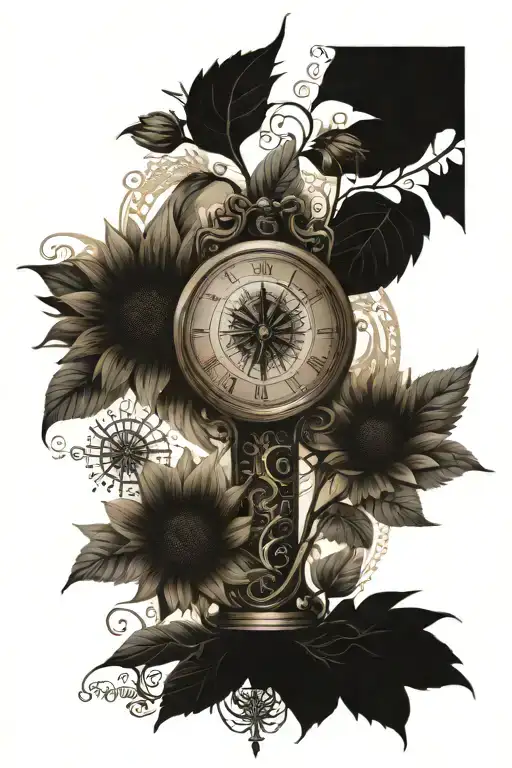 family tree, sunflower, hour glass, compass tattoo design idea