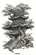 Japanese theme samurai temple and tree with cherry blossoms full manga tattoo design idea