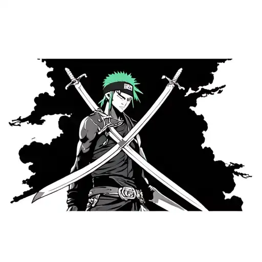 “A black-ink anime-style tattoo of Roronoa Zoro from One Piece standing tall with his headband on and three swords drawn tattoo design idea