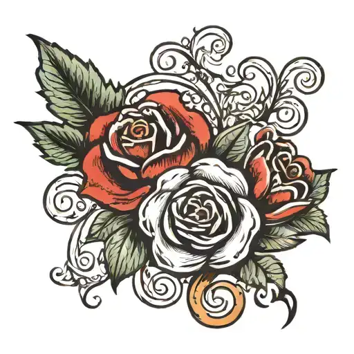 written phrase "Ciuccia Bella" in Script with filigree, garlic bulbs, onions, red roses bold color and fine outlines tattoo design idea