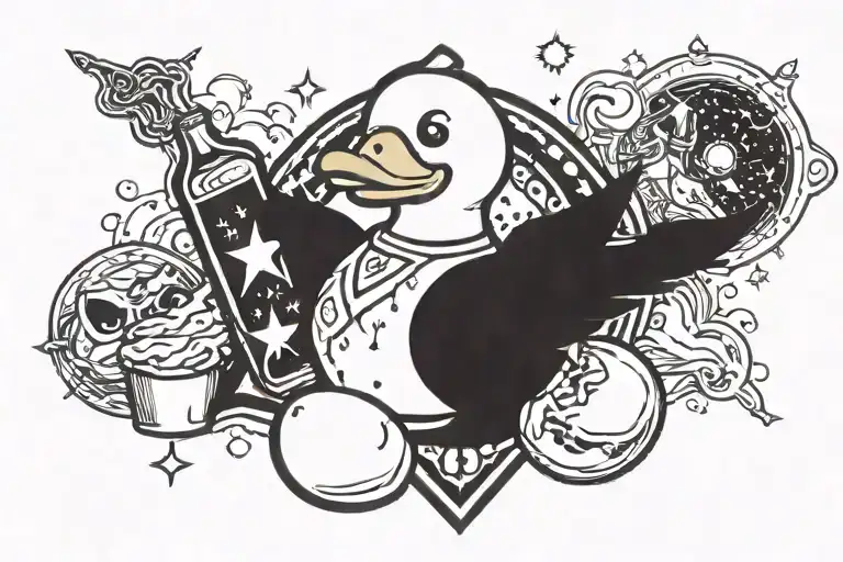 rubber duck + bottle of schnaaps and  bertie beetle logo and Zeus lightning bolt and ace of spades and muffin in space tattoo design idea