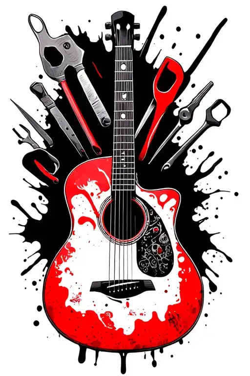 acoustic guitar and woodworking hand tools arranged tattoo design idea