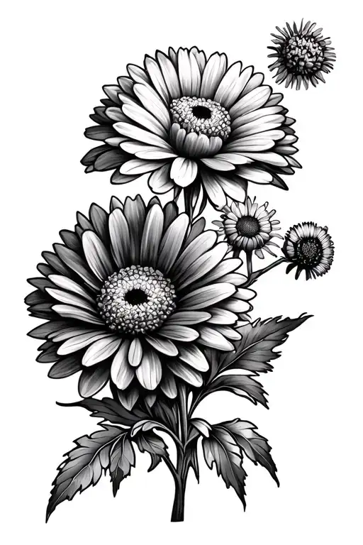 2 Chrysanthium flowers and 1 marigold flower and 1 aster flower bouquet tattoo design idea