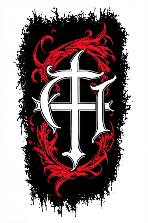 Bold forearm tattoo of the word ‘Kafir’ in Gothic calligraphy or old English font with faded Templar cross red tattoo design idea