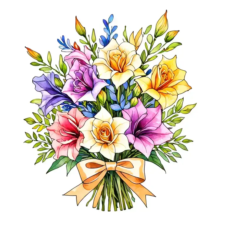 gladiolus, jonquil, rose, sweet pea flower bouquet tied with bow line tattoo colored. tattoo design idea