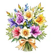 gladiolus, jonquil, rose, sweet pea flower bouquet tied with bow line tattoo colored. tattoo design idea