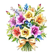 gladiolus, jonquil, rose, sweet pea flower bouquet tied with bow line tattoo colored. tattoo design idea