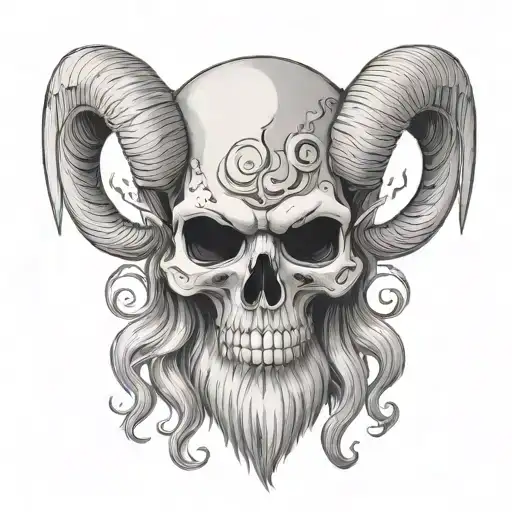 Creepy skull with rams horns and a long beard on it's face. No hair on it's head tattoo design idea