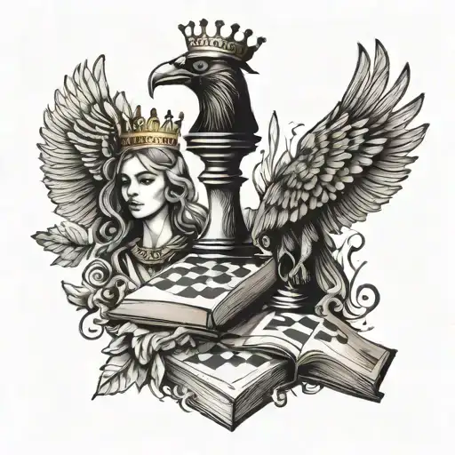 king and queen chess piece with books and raven flying tattoo design idea