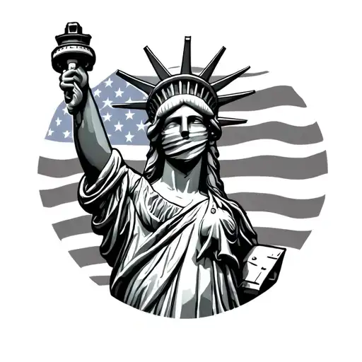 Statue of Liberty holding an m16 with an American flag bandana over her face tattoo design idea
