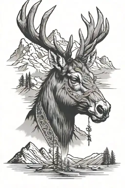 Red Dead Redemption 2, Deer head, mountains, western horse tattoo design idea