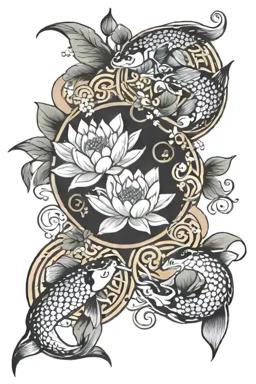 lotus and 2  koi fish in circle  tattoo design idea