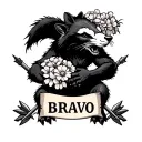 Furious badger holding flowers in one paw and arrows in the other, scroll saying "BRAVO", Fortis Praesidio tattoo design idea