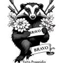 Furious badger holding flowers in one paw and arrows in the other, scroll saying "BRAVO", Fortis Praesidio tattoo design idea