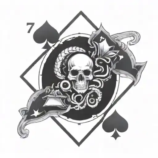 7 of spades and 2 of diamonds card with a scorpion and the bazylika in Piekary Śląskie behind them. tattoo design idea