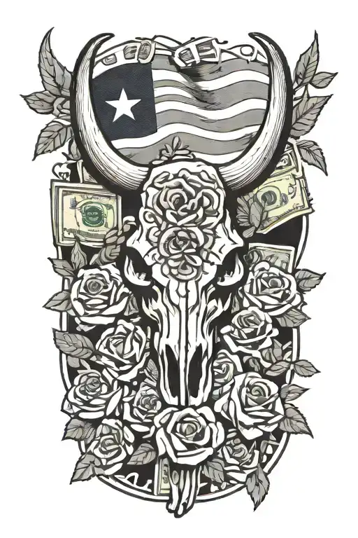 longhorn skull surrounded by money symbols, texas flag, and roses showcasing the client's love for Texas and wealth tattoo design idea