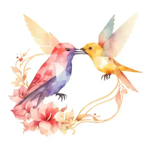 heart shape, half is a geometrical raven, other half is watercolor hummingbird   tattoo design idea