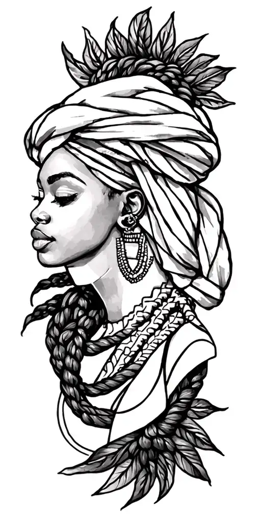 African woman tattoo with piercing turban and braids black and white tattoo design idea