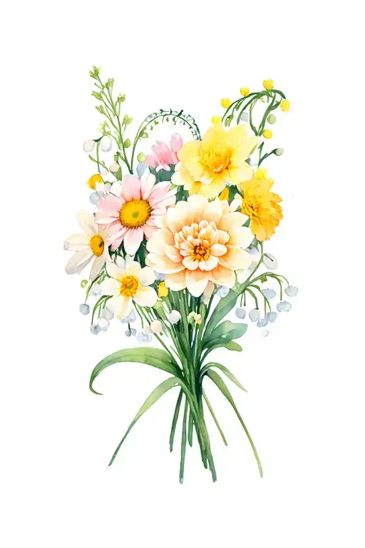 daisy, carnation, daffodil, lily of the valley, chrysanthemum, narcissus bouquet tattoo design idea