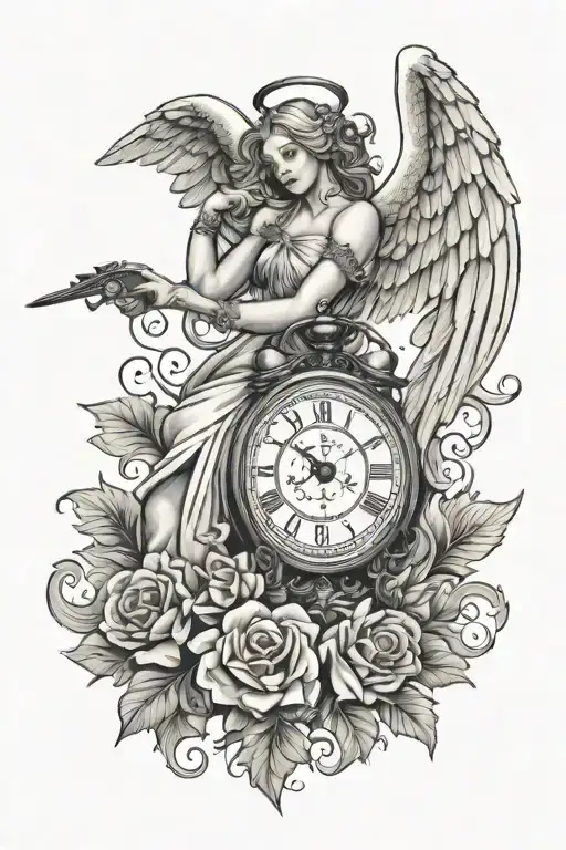 angel with clock wings and fleur-de-lis tattoo design idea