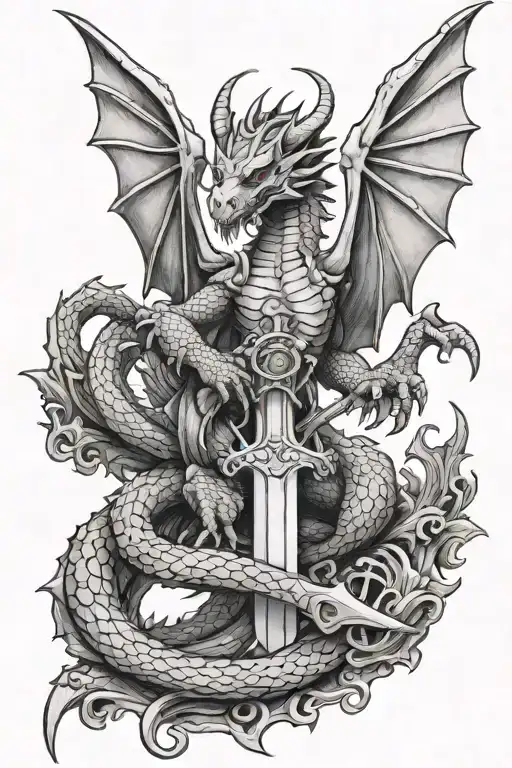 english dragon with big wings stay on templar sword tattoo design idea