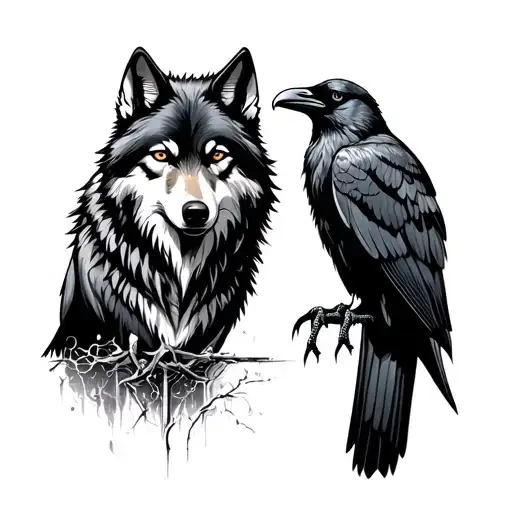 wolf and raven perched tattoo design idea