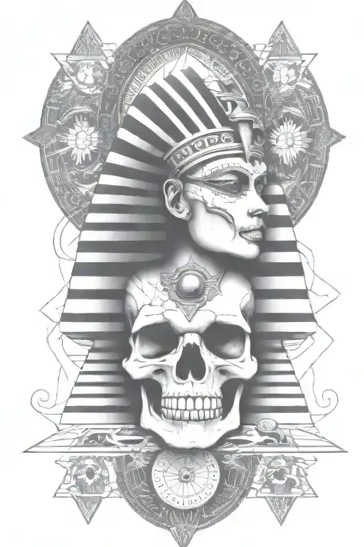 egyption goddess, skull background, pyramid, all seeing eye tattoo design idea