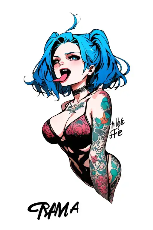 Clean, hentail, nude, bdsm, stick out the tongue, nymphomaniac face, young, sexy front position, small boobs, blue hair tattoo design idea