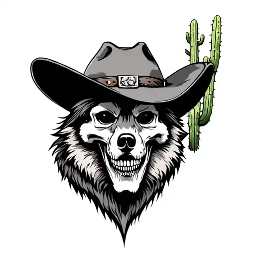dead cowboy, coyote, cactus tattoo design idea