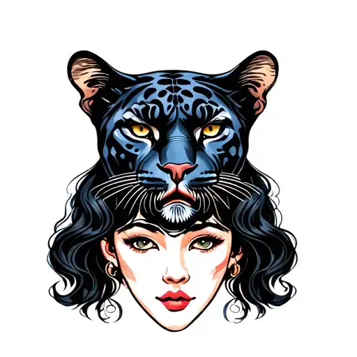 Two heads: one of a mental panther and above a female face with wavy black hair tattoo design idea