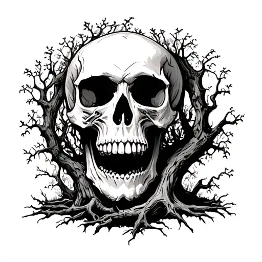 A skull with like a tree growing around it tattoo design idea