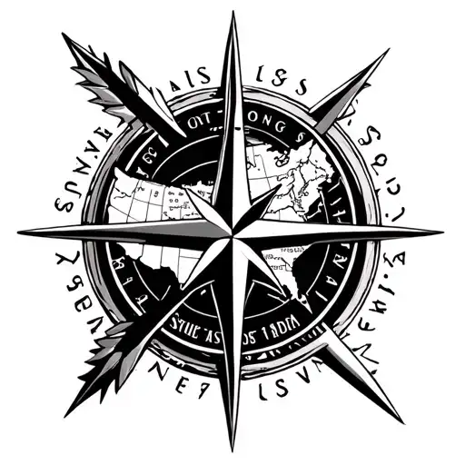 long stylish arrow with a compass at the bottom, in the compass the maps of Spain and the US, and the arrow pointing sou tattoo design idea