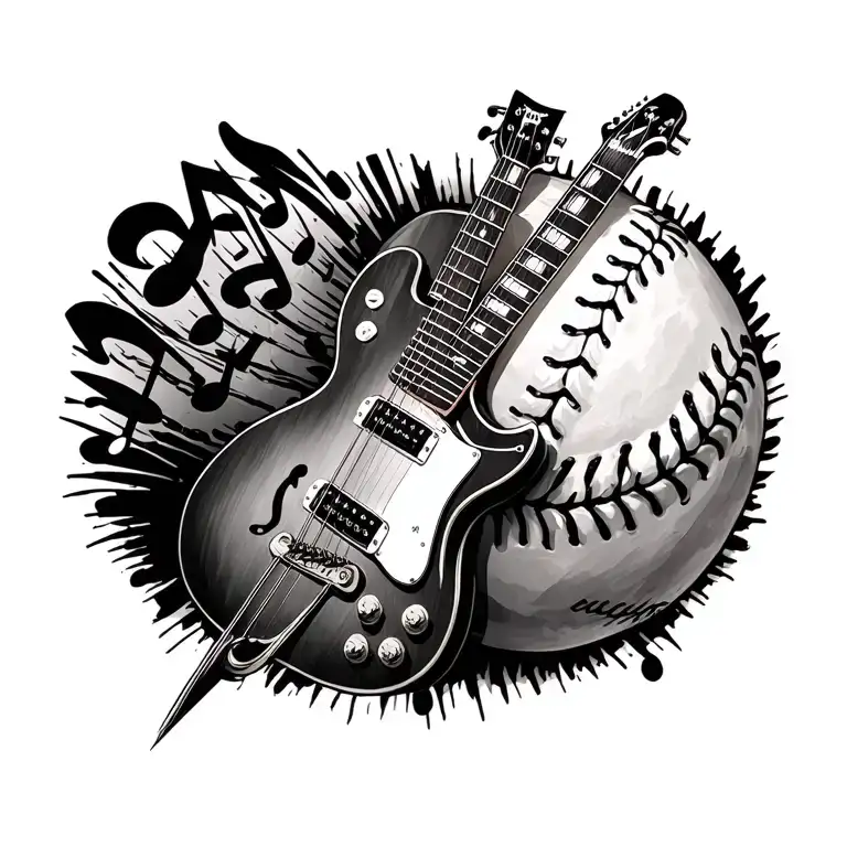 ACQUIARD GUITAR, BASE BALL AND MUSICAL NOTES tattoo design idea