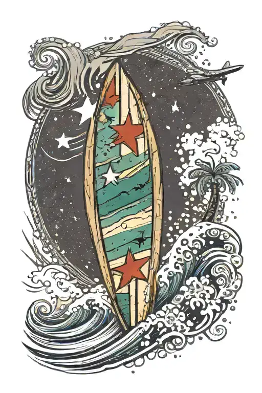 wood surf board with senegal flag bug wave crashing with plane line arround tattoo design idea