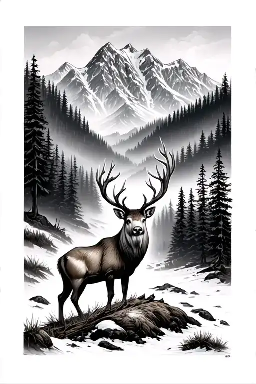 Hirsch in the forest and mountain landscape tattoo design idea
