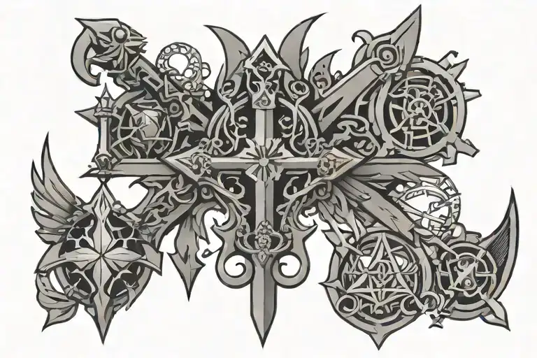 keyblade kingdom hearts + Fairy Tail + Zelda triforce + Name Théo  tattoo design idea