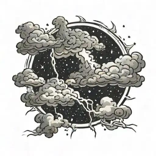 An intricate tattoo of a thunderstorm brewing in space, with lightning striking among the stars tattoo design idea