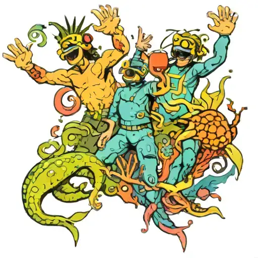 A surreal scene of a raving party underwater with snorkelers and sea creatures dancing to techno music tattoo design idea