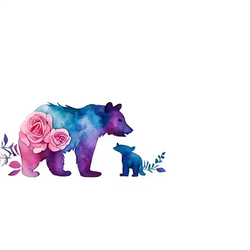 silhoutte mama bear and baby bear with roses in color tattoo design idea