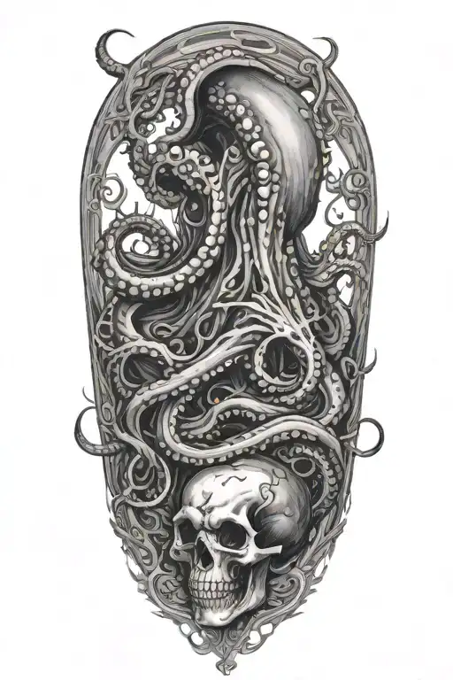 A black and grey tattoo of a malevolent kraken overtaking a skull with its massive tentacles  tattoo design idea