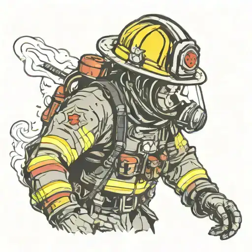 fire fighter wearing breathing apparatus in a euro helmet fighting fire tattoo design idea