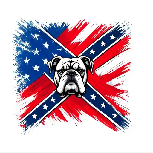 small red and blue confederate flag with bulldog head in center with american flag background tattoo design idea