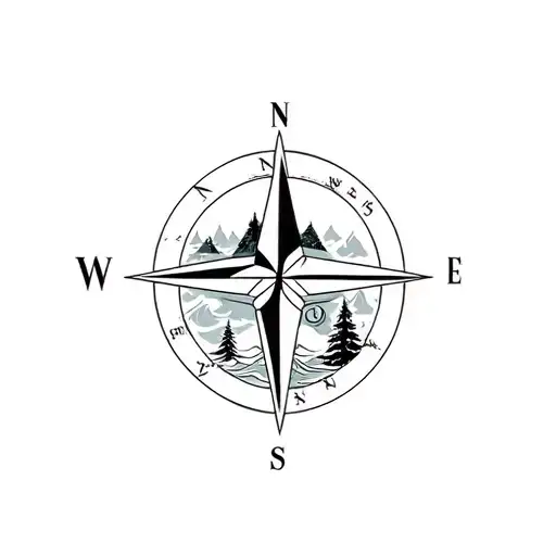 beautiful, geometric, linear, compass design with forestry and ocean themes, black and white tattoo tattoo design idea